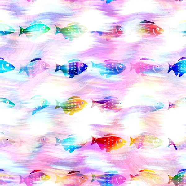 Batik fish tie dye wash background. Mottled underwater swimming fishes for beach swimwear. Fun summer trendy beach fashion print. Digital fluid watercolor effect. High resolution seamless pattern. — Stock Photo, Image