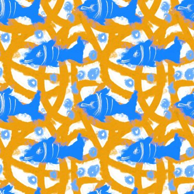 Mavi sarı desenli boya fırçası deseni. Sahilde yaşayan tekstil kumaşları için modern kusurlu, kusursuz bir arka plan. El yazısı, sanatsal suluboya tarzıyla basılmış.. 