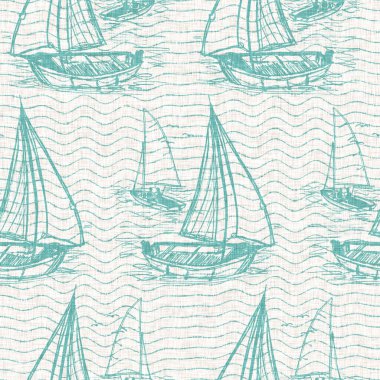 Yaz kıyı yaşam tarzı ev dekorasyonu. Yelkenli yelkenli yat yarışları gibi. Turkuaz mavisi, yıkanmış tekstil deseni. Ege deniz mavisi yelkenli keten keten ve dalga desenli kusursuz arkaplan 