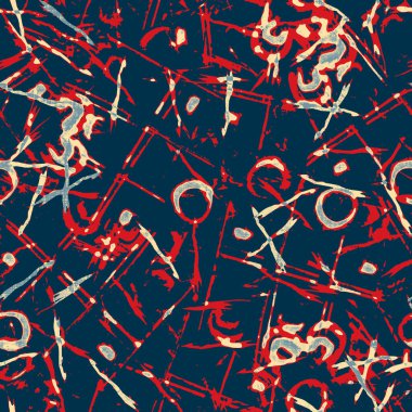 Klasik deniz mavisi, kırmızı, sarı, dikişsiz doku. Modern retro-yüzme modadan izler giyer. Memphis tarzı maskülen grunge soyut arka plan. Yüksek kaliteli jpg kumaşı.