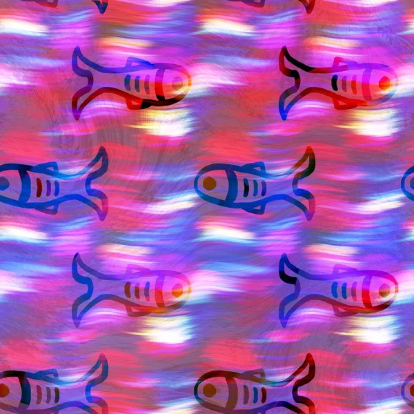 Batik pescado corbata tinte lavar el fondo. Peces de natación subacuática moteados para trajes de baño de playa. Divertido verano moda playa impresión de moda. Efecto acuarela fluido digital. Patrón sin costura de alta resolución. —  Fotos de Stock