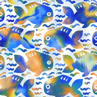 Batik balığı kravat boyası yıkama arka planı. Plaj mayosu için benekli su altı yüzme balıkları. Eğlenceli yaz modası plaj moda baskısı. Dijital sıvı suluboya etkisi. Yüksek çözünürlüklü kusursuz desen.