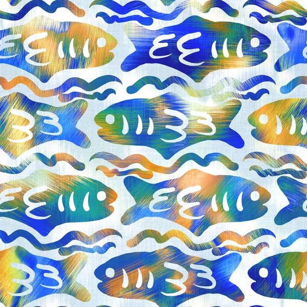 Batik fish tie dye wash background. Mottled underwater swimming fishes for beach swimwear. Fun summer trendy beach fashion print. Digital fluid watercolor effect. High resolution seamless pattern. — Stock Photo, Image