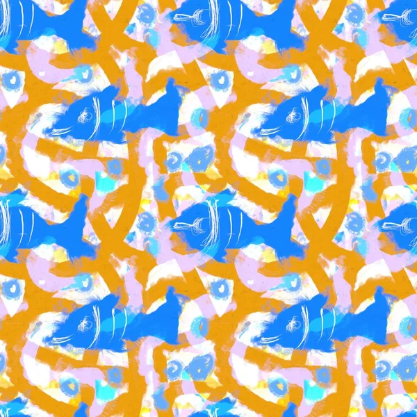 Blauw geel textuur penseel patroon. Moderne onvolmaakte leuke naadloze achtergrond voor kuststof textiel. Overal met de hand getekend met artistieke aquarelstijl. — Stockfoto