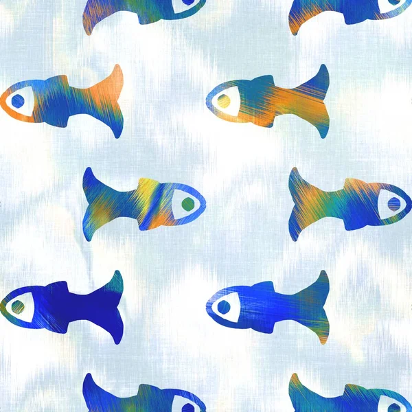 Batik fish tie dye wash background. Mottled underwater swimming fishes for beach swimwear. Fun summer trendy beach fashion print. Digital fluid watercolor effect. High resolution seamless pattern. — Stock Photo, Image