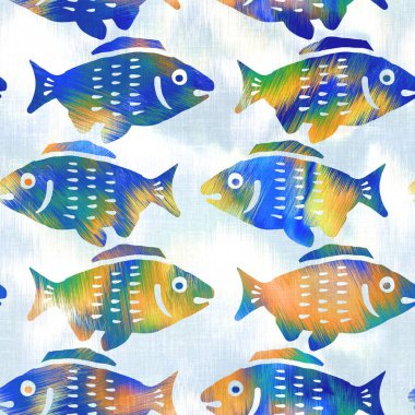Batik balığı kravat boyası yıkama arka planı. Plaj mayosu için benekli su altı yüzme balıkları. Eğlenceli yaz modası plaj moda baskısı. Dijital sıvı suluboya etkisi. Yüksek çözünürlüklü kusursuz desen.
