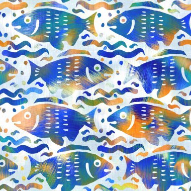 Batik balığı kravat boyası yıkama arka planı. Plaj mayosu için benekli su altı yüzme balıkları. Eğlenceli yaz modası plaj moda baskısı. Dijital sıvı suluboya etkisi. Yüksek çözünürlüklü kusursuz desen.