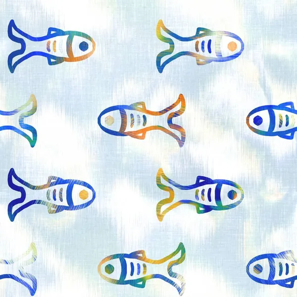 Batik poisson cravate teinture fond de lavage. Poissons de baignade sous-marins tachetés pour maillots de bain de plage. Amusant été tendance imprimé mode plage. Effet aquarelle fluide numérique. Modèle sans couture haute résolution. — Photo