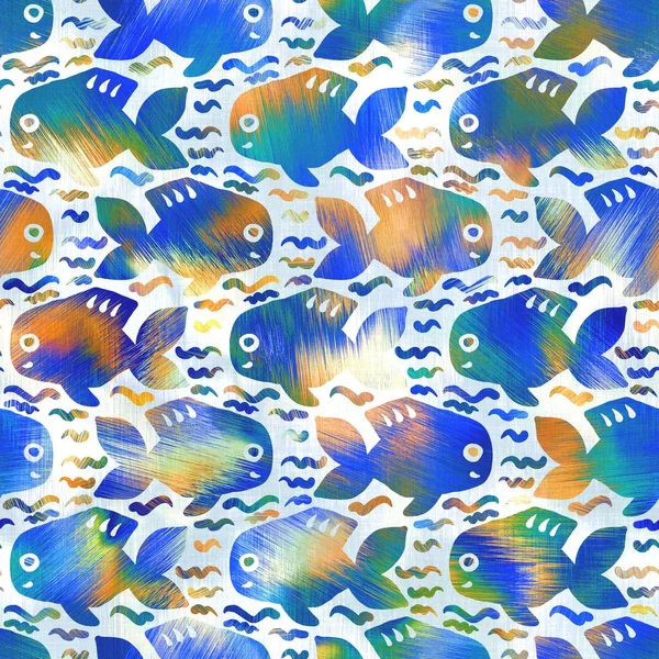 Batik Fisch Krawatte Farbstoff waschen Hintergrund. Gesprenkelte Unterwasserfische für Bademode am Strand. Fun Sommer trendige Strandmode Print. Digitaler Fluid-Aquarell-Effekt. Nahtloses Muster mit hoher Auflösung. — Stockfoto