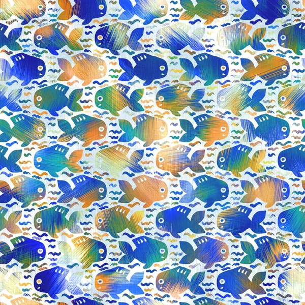 Batik fish tie dye wash background. Mottled underwater swimming fishes for beach swimwear. Fun summer trendy beach fashion print. Digital fluid watercolor effect. High resolution seamless pattern. — Stock Photo, Image