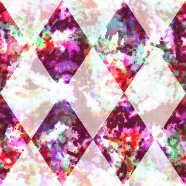 Elmas damalı yaz kravatlı batik plaj desenli. Kusursuz lekeli palyaço kontrol alanı boyalı efekt moda. Yıkanmış yorgan yaması yumuşak döşeme arka planı. 