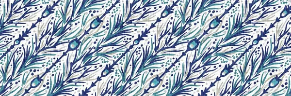 Ege deniz mavisi çiçekli, kenar şeritli keten dokusu. Yazlık yaşam tarzı ev dekorasyonu efekti. Deniz yeşili, çiçekli kenar kumaş. Dekoratif tekstil dikişsiz pankart süslemesi. 