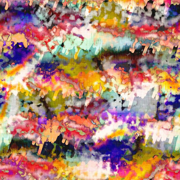 Messy summer tie dye batik beach wear pattern. Seamless colourful stain space dyed effect fashion. Washed out soft furnishing background. 