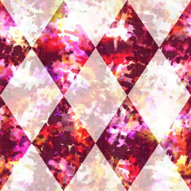 Elmas damalı yaz kravatlı batik plaj desenli. Kusursuz lekeli palyaço kontrol alanı boyalı efekt moda. Yıkanmış yorgan yaması yumuşak döşeme arka planı. 