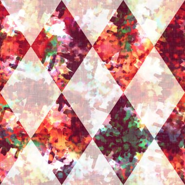 Elmas damalı yaz kravatlı batik plaj desenli. Kusursuz lekeli palyaço kontrol alanı boyalı efekt moda. Yıkanmış yorgan yaması yumuşak döşeme arka planı. 