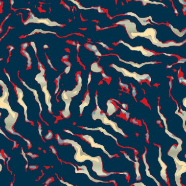 Klasik deniz mavisi, kırmızı, sarı, dikişsiz doku. Modern retro-yüzme modadan izler giyer. Memphis tarzı maskülen grunge soyut arka plan. Yüksek kaliteli jpg kumaşı.