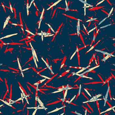 Klasik deniz mavisi, kırmızı, sarı, dikişsiz doku. Modern retro-yüzme modadan izler giyer. Memphis tarzı maskülen grunge soyut arka plan. Yüksek kaliteli jpg kumaşı.