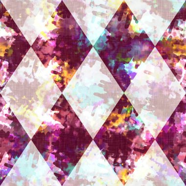 Elmas damalı yaz kravatlı batik plaj desenli. Kusursuz lekeli palyaço kontrol alanı boyalı efekt moda. Yıkanmış yorgan yaması yumuşak döşeme arka planı. 