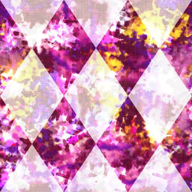 Elmas damalı yaz kravatlı batik plaj desenli. Kusursuz lekeli palyaço kontrol alanı boyalı efekt moda. Yıkanmış yorgan yaması yumuşak döşeme arka planı. 