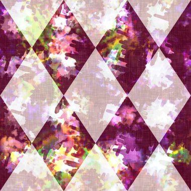 Elmas damalı yaz kravatlı batik plaj desenli. Kusursuz lekeli palyaço kontrol alanı boyalı efekt moda. Yıkanmış yorgan yaması yumuşak döşeme arka planı. 