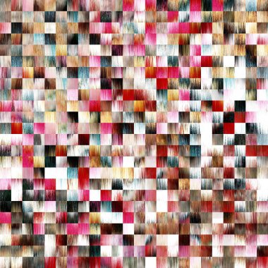 Optik düşük polyester piksel ızgara boya bulanık doku arka planı. Kusursuz yıkanmış geometrik ombre etkisi. 80 'lerin tarzı eski kare şekilli. Yüksek çözünürlüklü funky plaj giyin moda tekstil.