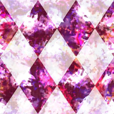 Elmas damalı yaz kravatlı batik plaj desenli. Kusursuz lekeli palyaço kontrol alanı boyalı efekt moda. Yıkanmış yorgan yaması yumuşak döşeme arka planı. 