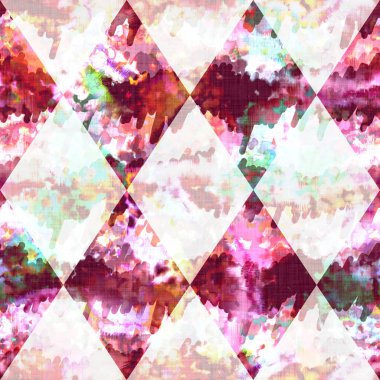 Elmas damalı yaz kravatlı batik plaj desenli. Kusursuz lekeli palyaço kontrol alanı boyalı efekt moda. Yıkanmış yorgan yaması yumuşak döşeme arka planı. 