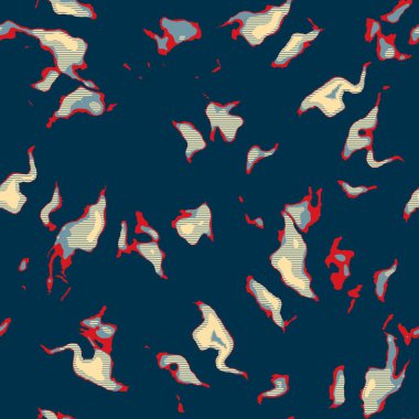 Klasik deniz mavisi, kırmızı, sarı, dikişsiz doku. Modern retro-yüzme modadan izler giyer. Memphis tarzı maskülen grunge soyut arka plan. Yüksek kaliteli jpg kumaşı.