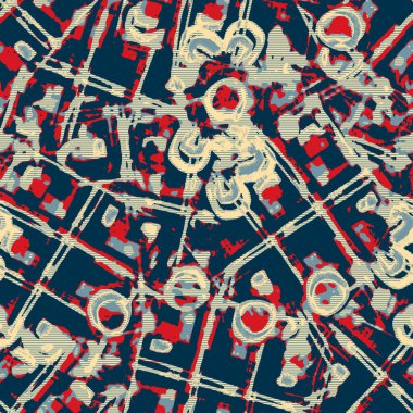 Klasik deniz mavisi, kırmızı, sarı, dikişsiz doku. Modern retro-yüzme modadan izler giyer. Memphis tarzı maskülen grunge soyut arka plan. Yüksek kaliteli jpg kumaşı.