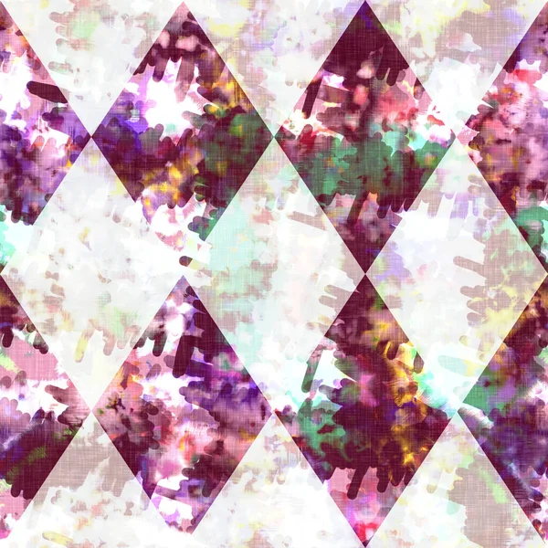 Diamant-Schachbrett Sommer Krawattenfärbung Batik Beach Wear Muster. Nahtlose Fleck Harlekin Karo Raum gefärbte Effekt-Mode. Ausgewaschener Patchwork-Soft-Einrichtungshintergrund. — Stockfoto