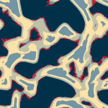 Klasik deniz mavisi, kırmızı, sarı, dikişsiz doku. Modern retro-yüzme modadan izler giyer. Memphis tarzı maskülen grunge soyut arka plan. Yüksek kaliteli jpg kumaşı.