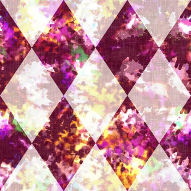 Elmas damalı yaz kravatlı batik plaj desenli. Kusursuz lekeli palyaço kontrol alanı boyalı efekt moda. Yıkanmış yorgan yaması yumuşak döşeme arka planı. 