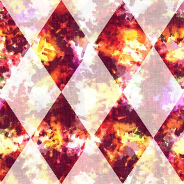 Elmas damalı yaz kravatlı batik plaj desenli. Kusursuz lekeli palyaço kontrol alanı boyalı efekt moda. Yıkanmış yorgan yaması yumuşak döşeme arka planı. 