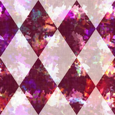 Elmas damalı yaz kravatlı batik plaj desenli. Kusursuz lekeli palyaço kontrol alanı boyalı efekt moda. Yıkanmış yorgan yaması yumuşak döşeme arka planı. 