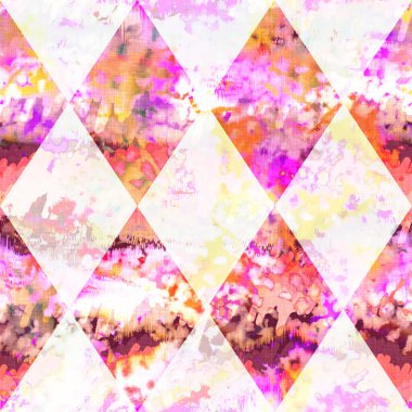 Elmas damalı yaz kravatlı batik plaj desenli. Kusursuz lekeli palyaço kontrol alanı boyalı efekt moda. Yıkanmış yorgan yaması yumuşak döşeme arka planı. 