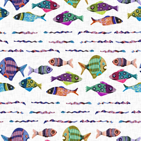 Whimsical fish riso print seamless pattern. Colorful cute under the sea swimming tropical fishes. Childish riso screen print effect. Playful summer beach vacation kid illustration background. — Stock Photo, Image