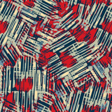 Klasik deniz mavisi, kırmızı, sarı, dikişsiz doku. Modern retro-yüzme modadan izler giyer. Memphis tarzı maskülen grunge soyut arka plan. Yüksek kaliteli jpg kumaşı.