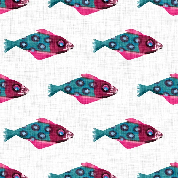 Poisson fantaisiste riso imprimé motif sans couture. Coloré mignon sous la mer baignade poissons tropicaux. Effet riso sérigraphie enfant. Été ludique vacances plage enfant illustration fond. — Photo