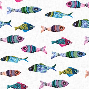  Denizin altında yüzen tropikal balıklar. Çocuksu ekran baskısı etkisi. Eğlenceli bir yaz tatili çocuğu illüstrasyon geçmişi. Tuhaf Scandi balığı riso bloğu dikişsiz tasarım.