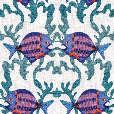 Tuhaf balık riso izi kusursuz desen. Denizin altında yüzen tropikal balıklar. Çocuksu riso ekran baskısı etkisi. Eğlenceli bir yaz tatili çocuğu illüstrasyonu.