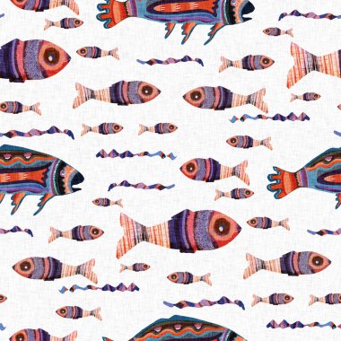  Denizin altında yüzen tropikal balıklar. Çocuksu ekran baskısı etkisi. Eğlenceli bir yaz tatili çocuğu illüstrasyon geçmişi. Tuhaf Scandi balığı riso bloğu dikişsiz tasarım.