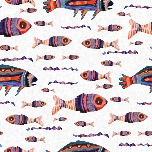 Coloré mignon sous la mer baignade poissons tropicaux. Effet sérigraphie enfant. Été ludique vacances plage enfant illustration arrière-plan. scandi fantaisiste poisson riso bloc impression design sans couture. — Photo