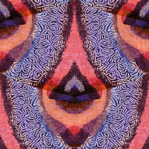 Modèle de style kaléidoscope rétro coloré des années soixante. Fond textile vintage moderne en tissu. Fun funky effet sérigraphie tissé. Effet de symétrie complexe pour l'ameublement de carreaux de conception allover. Échantillon — Photo