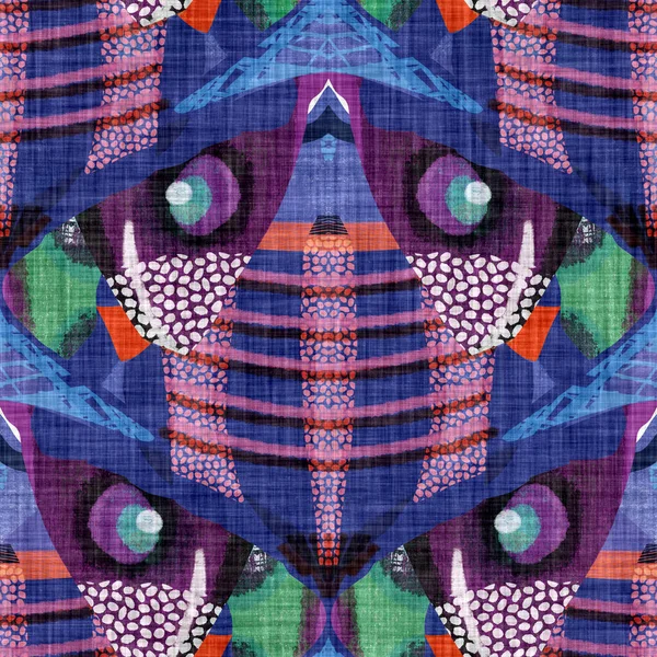 Modèle de style kaléidoscope rétro coloré des années soixante. Fond textile vintage moderne en tissu. Fun funky effet sérigraphie tissé. Effet de symétrie complexe pour l'ameublement de carreaux de conception allover. Échantillon — Photo