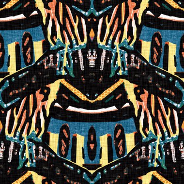 Renkli retro kaleydoskop 60 'ların tarzı. Modern klasik kumaş arka planı. Eğlenceli örülmüş ekran baskısı efekti. Mobilya tasarımı için karmaşık simetri efekti. kumaş parçası