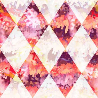 Elmas damalı yaz kravatlı batik plaj desenli. Kusursuz lekeli palyaço kontrol alanı boyalı efekt moda. Yıkanmış yorgan yaması yumuşak döşeme arka planı. 