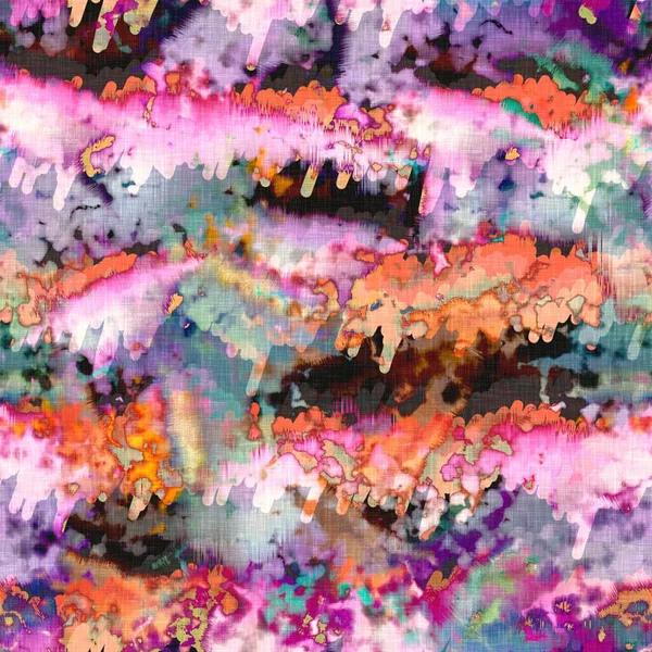 Messy summer tie dye batik beach wear pattern. Seamless colourful stain space dyed effect fashion. Washed out soft furnishing background. — Stock Photo, Image