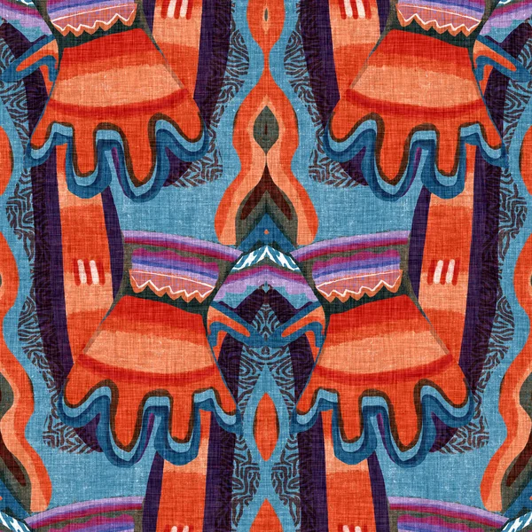 Modèle de style kaléidoscope rétro coloré des années soixante. Fond textile vintage moderne en tissu. Fun funky effet sérigraphie tissé. Effet de symétrie complexe pour l'ameublement de carreaux de conception allover. Échantillon — Photo