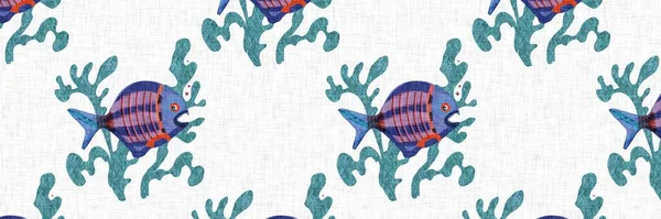 Красочная прибрежная бесшовная граница с милыми тропическими рыбами. Детский плакат с коралловыми рифами. Летний пляжный эффект. Причудливый скандал рыбное ризо бесконечная отделка. — стоковое фото