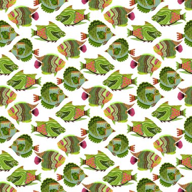  Denizin altında yüzen renkli sevimli çiçekli balıklar. Çocuksu ekran baskısı etkisi. Eğlenceli bir yaz plaj illüstrasyonu geçmişi. Tuhaf çiçek balığı riso suluboya kusursuz tasarım.